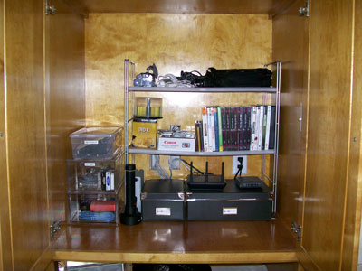 Organized electronics cabinet with cable management